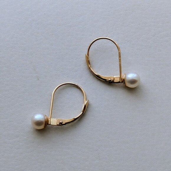 Designer Solid 14K 585 Yellow Gold White Pearl Lever Back Pierced Earrings - Picture 2 of 6